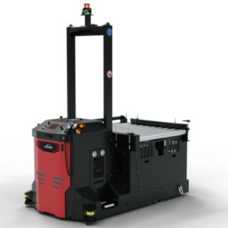 Carrelli per trasporto a guida autonoma I-MATIC CT core di Linde MH per il prelievo e il trasporto di merci da un sistema di trasporto.